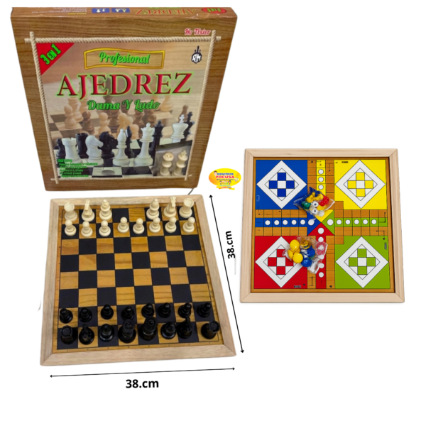 AJEDREZ 3  EN 1 GRANDE CON FICHA DE MADERA